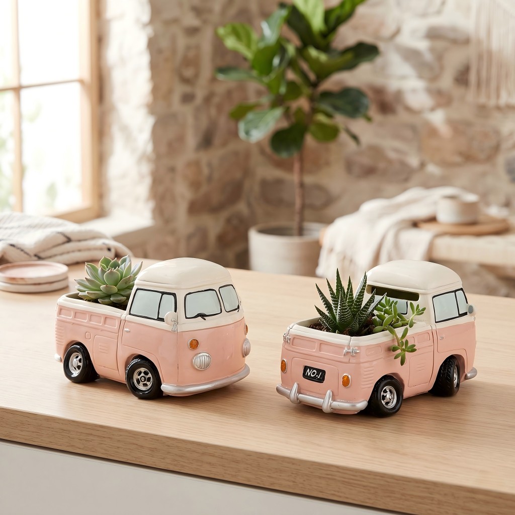 Echeveria Succulent - Pot Bunga Resin Bentuk Mini Bus